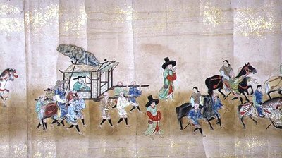 Sechste koreanische Botschaft nach Japan in Meireki 1 zur Zeit der Nachfolge von Tokugawa Ietsuna im Jahr 1651, möglicherweise von Kano Masunobu (1625-94) (Rollbild) (Detail) von Japanese School